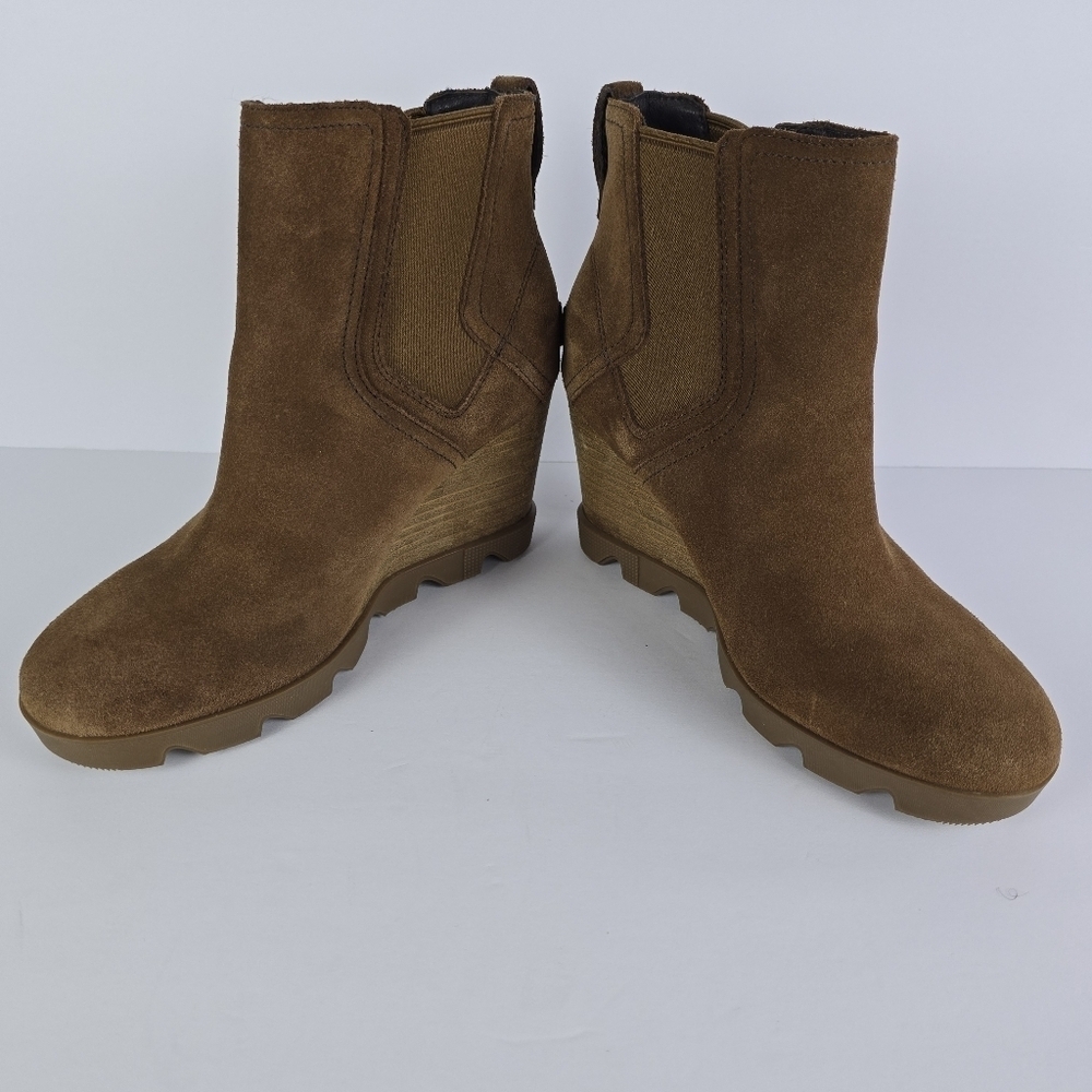 Sorel Chelsea Women's Tan Wedge Suede Bootie with Stacked Heel Size 7 1/2 - Picture 8 of 15